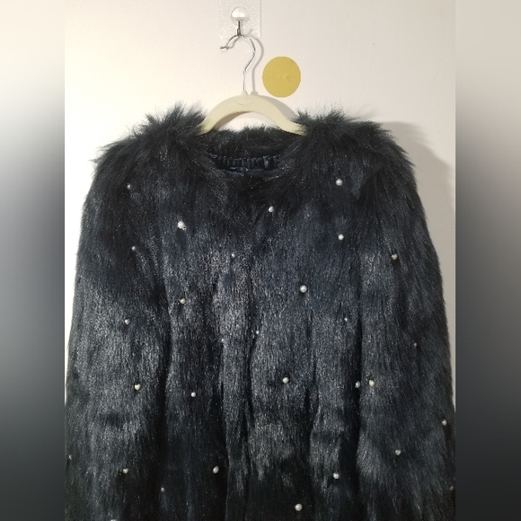 L'Eclipse Navy Blue Vegan Faux FUR Pearl Design Fashion Coat L/XL NEW - Picture 3 of 5